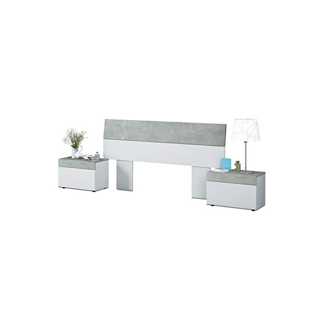 Productos Habitdesign 0L6096A - Cabezal y mesitas, Blanco Artik y Gris Cemento, Medidas: