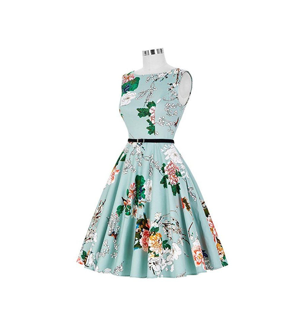 Social Vestido Verde de Verano Floral Vintage Vestido Retro de Fiesta XS 33#