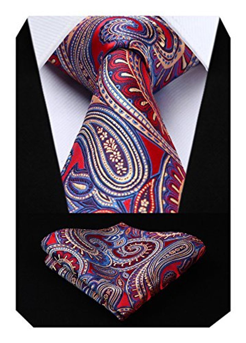 Moda HISDERN extralarga Floral Paisley Panuelo de lazo Hombres Corbata & Plaza de bolsillo Conjunto rojo azul