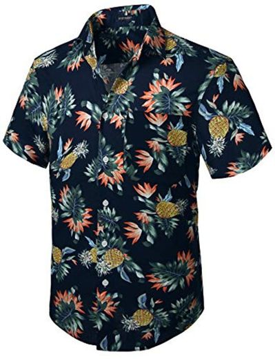HISDERN Hombre Funky Camisas de piña Hawaiana Manga Corta Bolsillo Delantero Vacaciones Verano Aloha Impreso Playa Casual Azul Marino Hawaii Camisa S