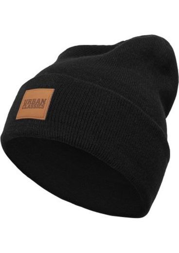 Urban Classics Leatherpatch Long Beanie Gorro de Punto, Negro