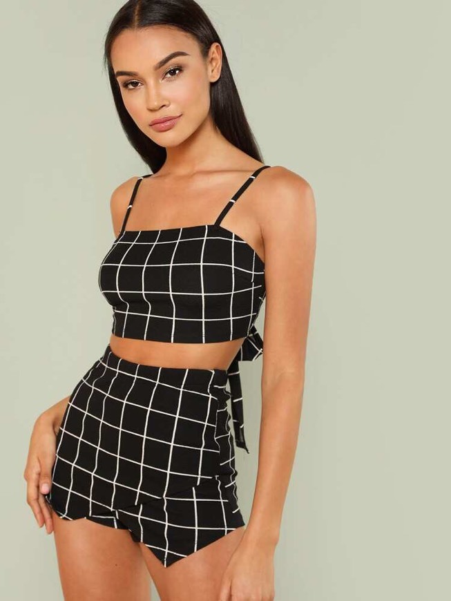 Social Conjunto Top Corto De Tirante De Cuadros Con Shorts Doblado 