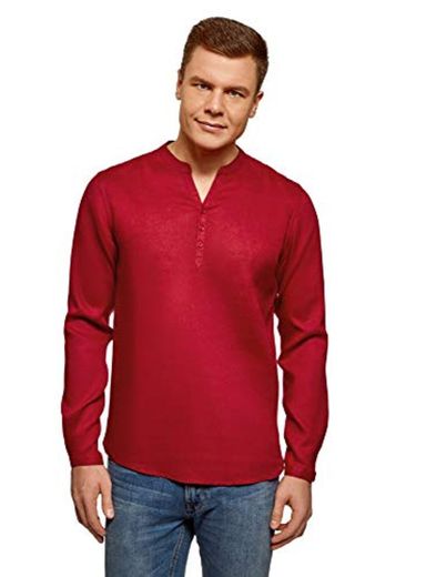 oodji Ultra Hombre Camisa de Lino sin Cuello