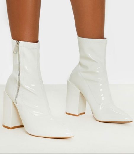 White Chunky Heel Side Zip Sock Boot