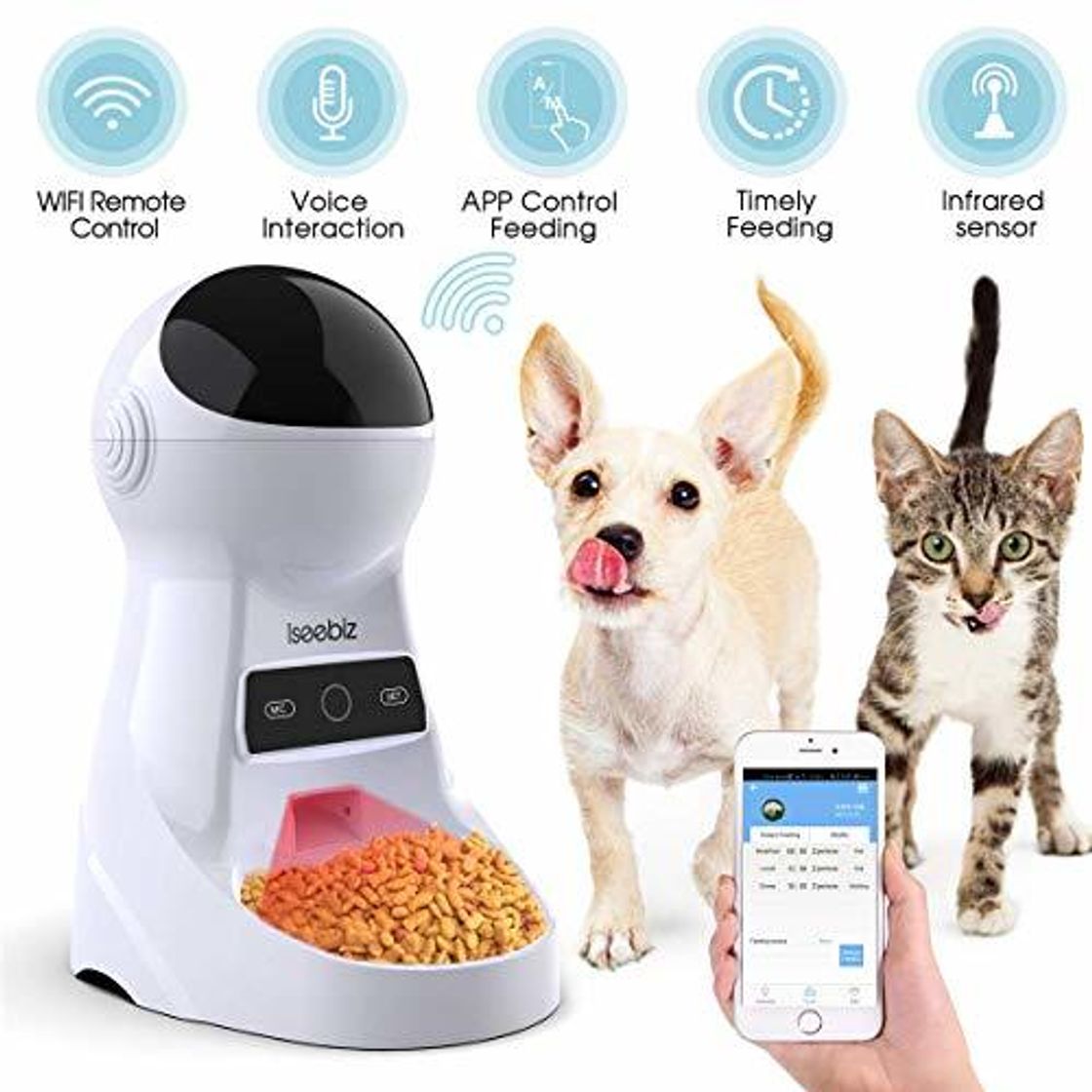Social Iseebiz Comedero Automático Gatos/Perros Dispensador de Comida WiFi con App Control Recordatorio