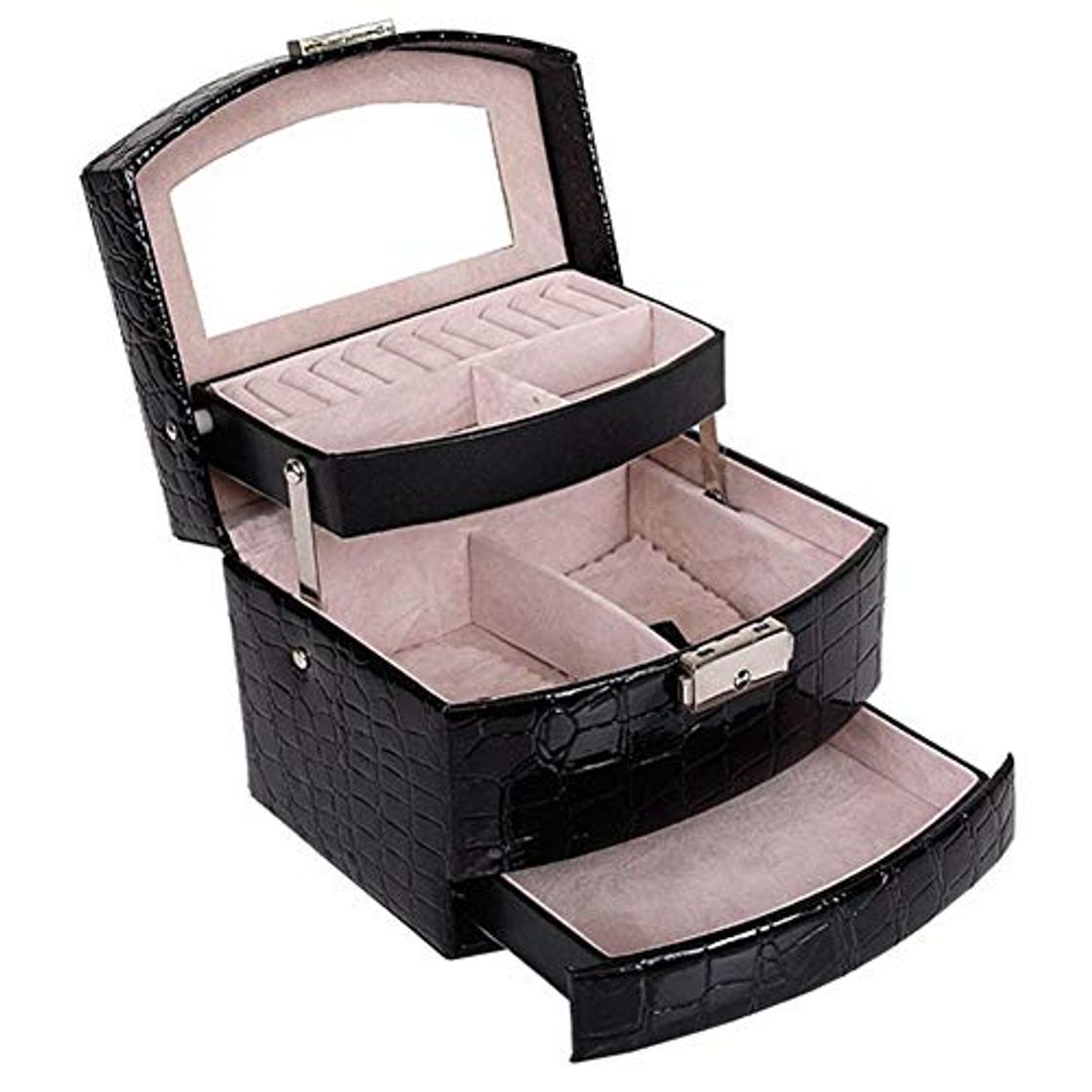 Producto Joyero de almacenamiento de almacenamiento cesta Tres capas Caja de almacenamiento dama joyero de cuero for las mujeres del pendiente del anillo organizador cosmético Ataúd for la joyería Caja Maquill