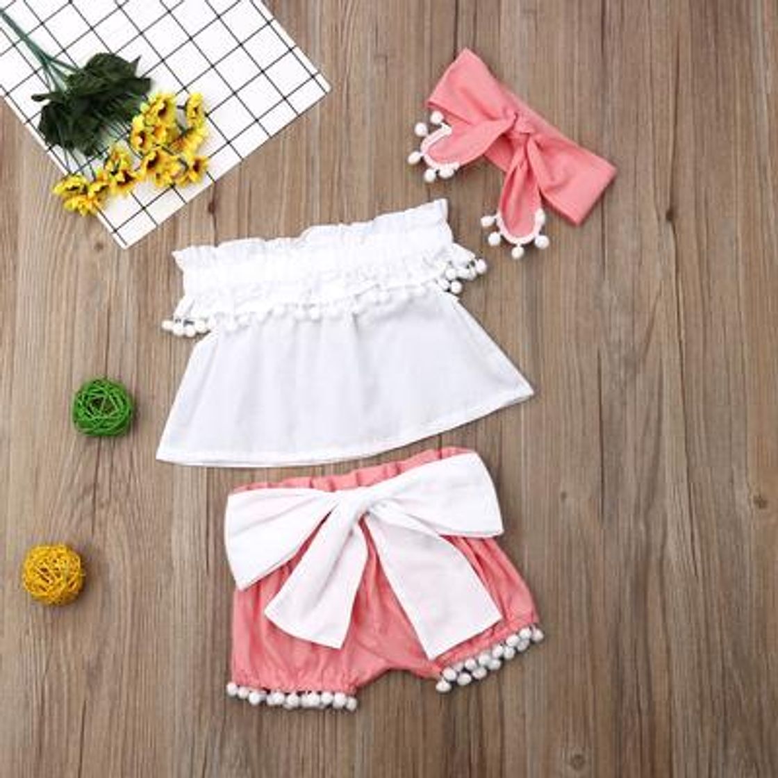 Moda 3pcs Little Baby Girl Fashion Oufits Boat Neck Ruffle Shirt