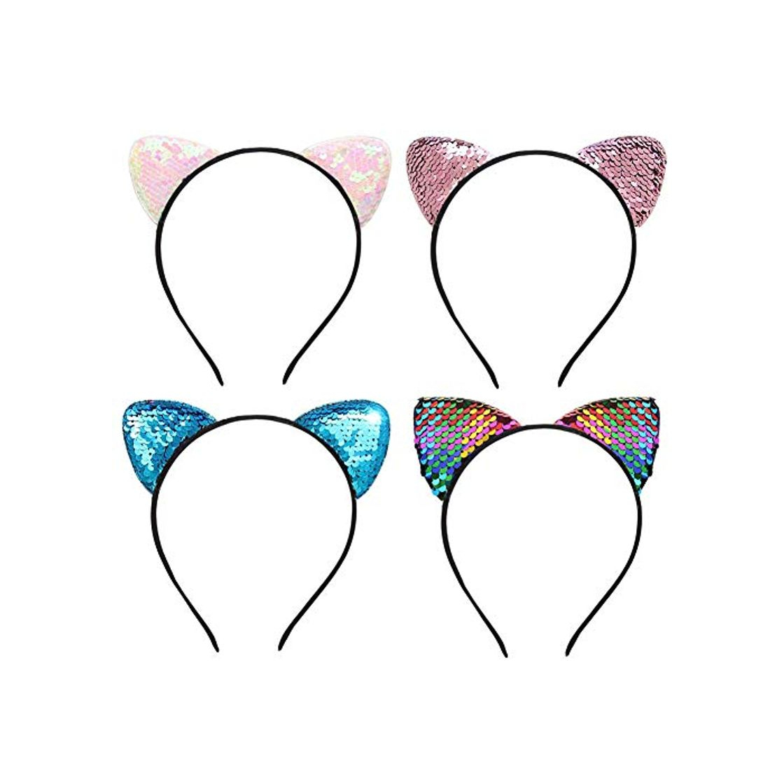 Fashion JAHEMU Diadema con Orejas de Gato Lentejuelas Aros para el Cabello Banda para el Cabello Decoración de Fiesta para Niñas Mujeres 4 Piezas