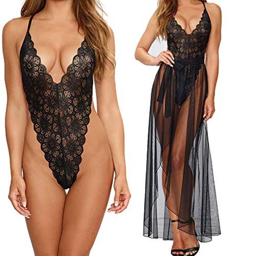 Vestidos Mujer Sexy Conjunto de Lenceria Sexy 2 Piezas Babydoll Encaje Transparente