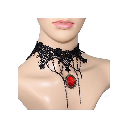 Ecloud Shop® Prom gótico Retro Negro Encaje Gargantilla Collar Rojo Diamante borlas