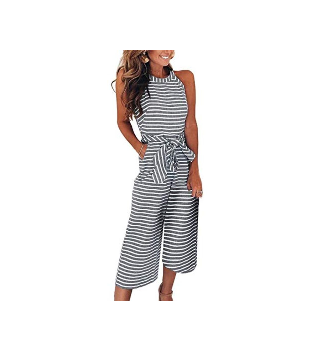 Social FeelinGirl Mujer Mono Raya Enterizo Pantalón Talle Alto con Cinturilla Negro L