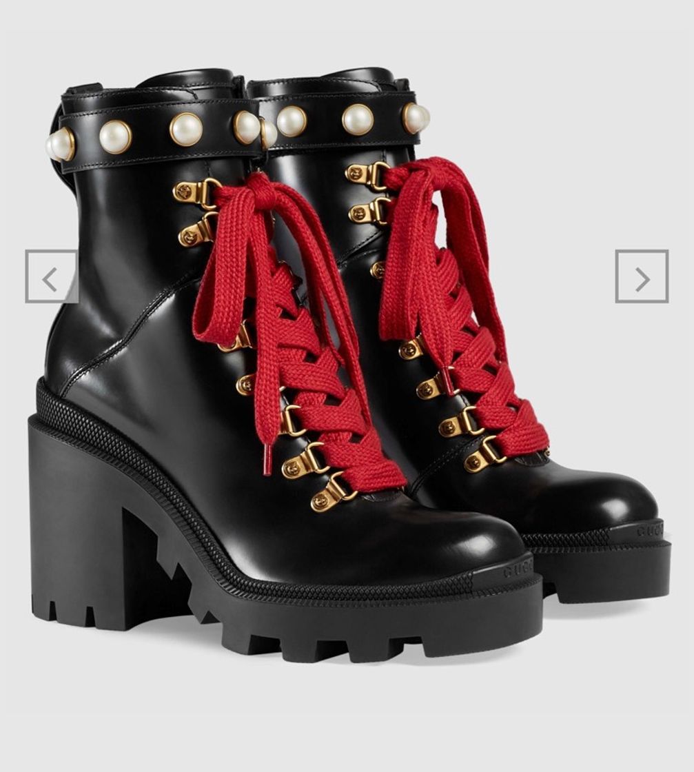 Fashion Black Leather Ankle Boot With Red Laces & Pearl Effect Studs