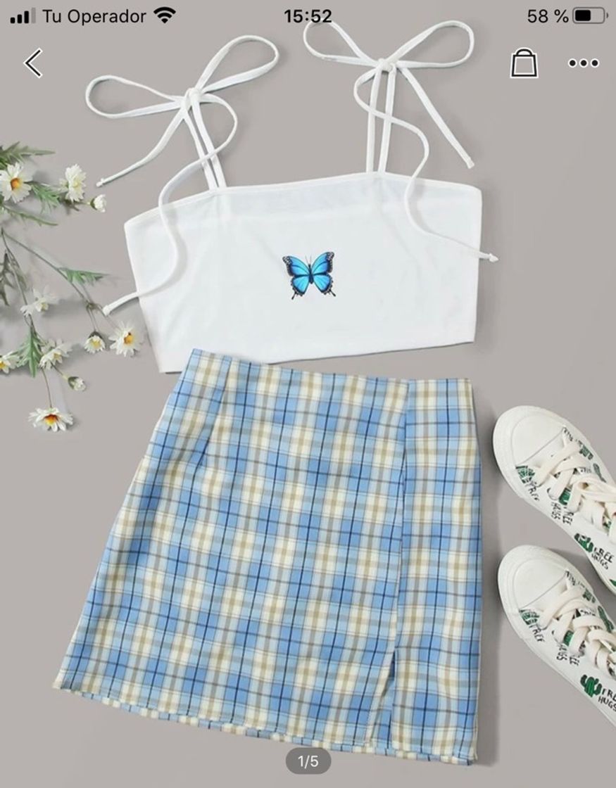 Moda Conjunto falda cuadros y top estampado mariposa 