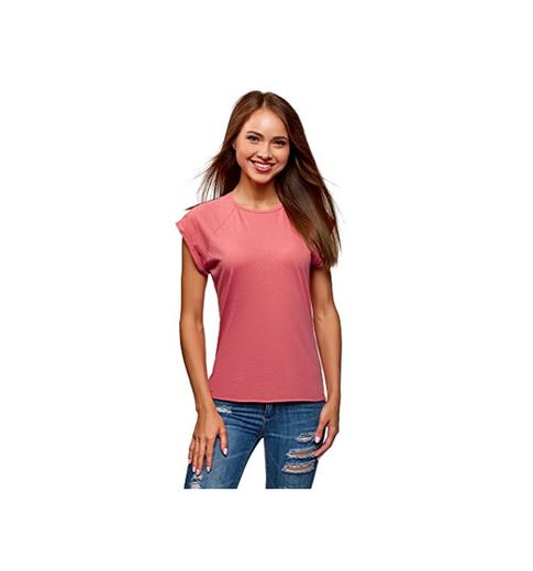 oodji Ultra Mujer Camiseta de Algodón Básica, Rosa, ES 38
