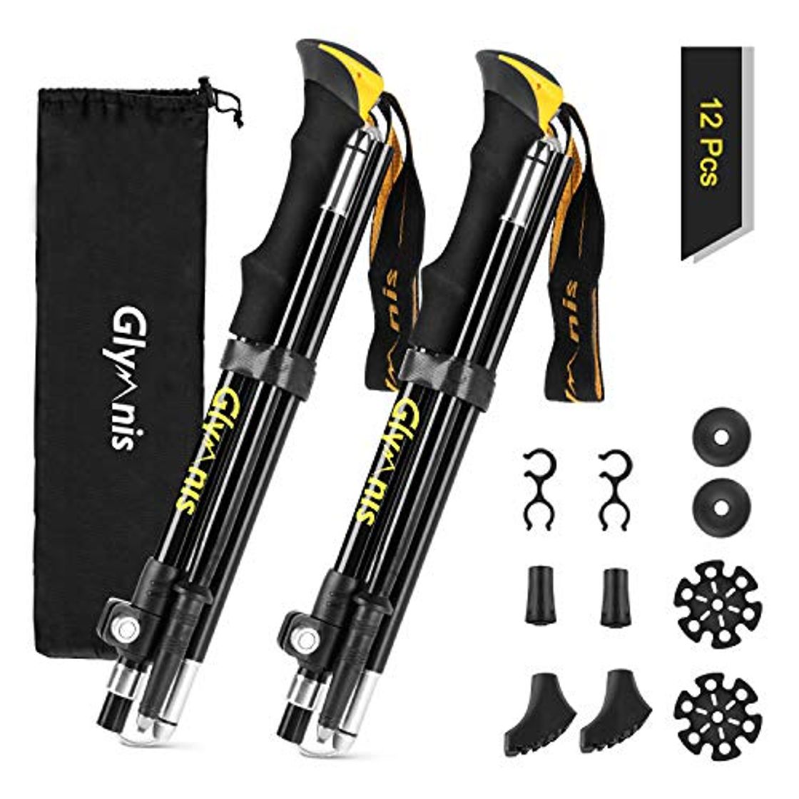 Products Glymnis Bastones de Senderismo Bastones Trekking Plegables 2pcs 36cm~130cm de Aleación de Aluminio 7075 y EVA para Senderismo Alpinismo Trail Viaje