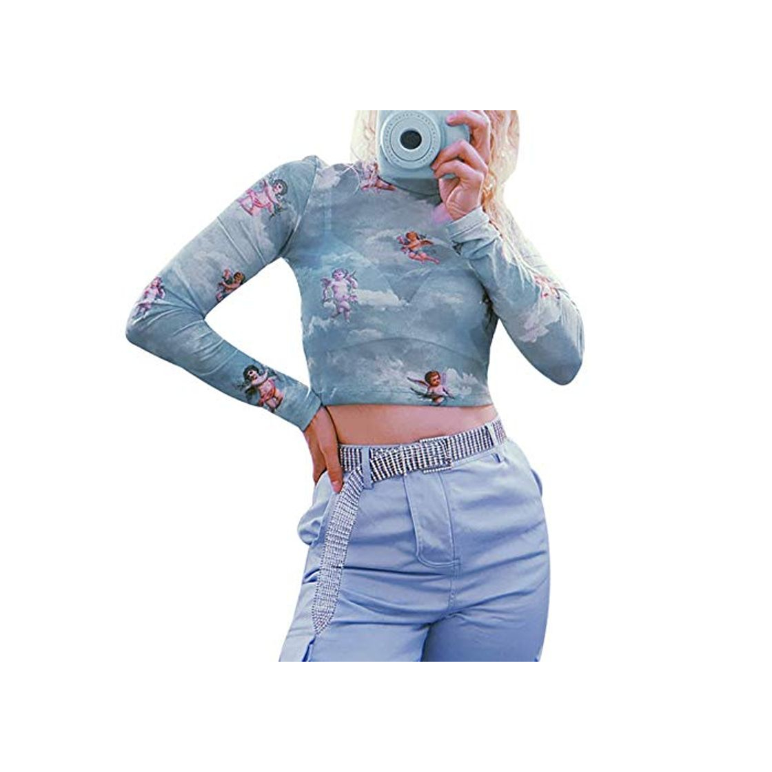 Social Loalirando Crop-Top Transparente Mujer Sexy de Manga Larga con ángeles Impresos Top