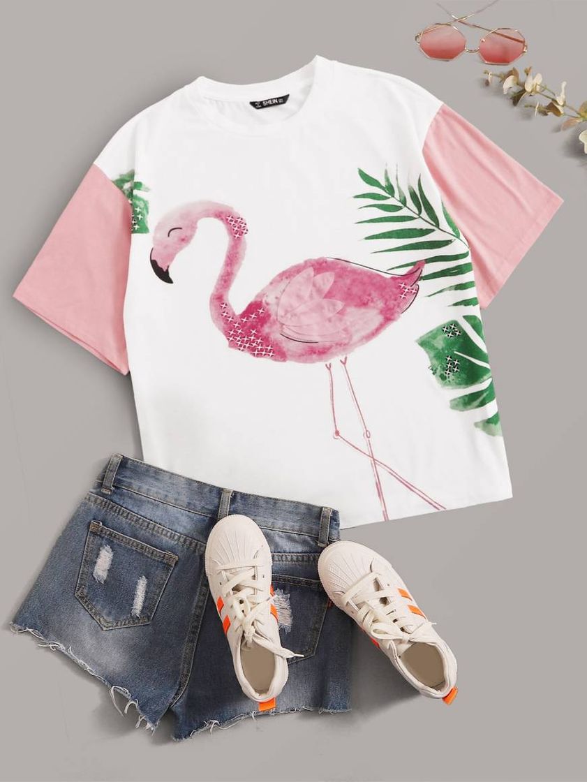 Fashion CAMISETA CON ESTAMPADO TROPICAL CON FLAMENCO