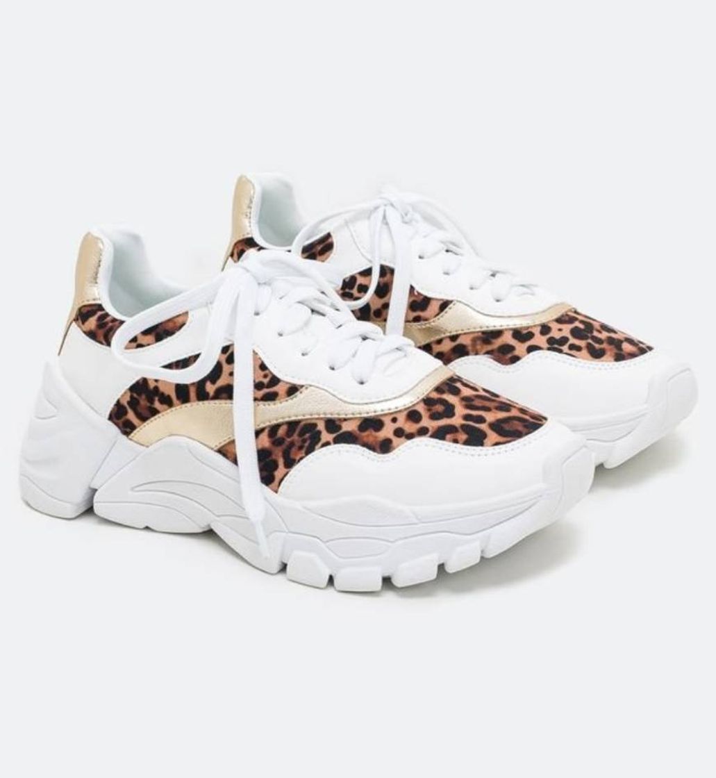 Fashion Tênis Chunky Recortes Animal Print Satinato Branco