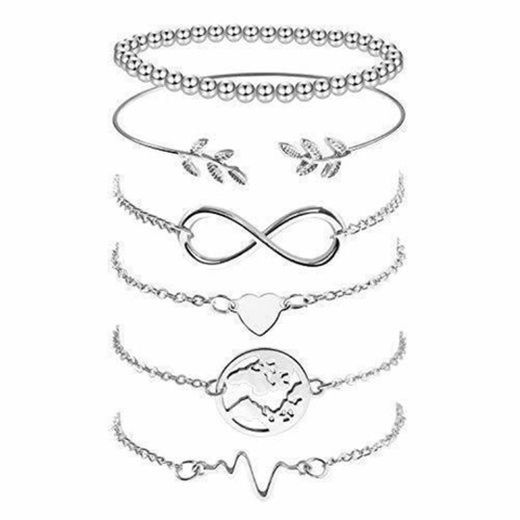 Omont 6 Piezas Plata Pulseras para Mujeres y Niña Acero Inoxidable Pulseras