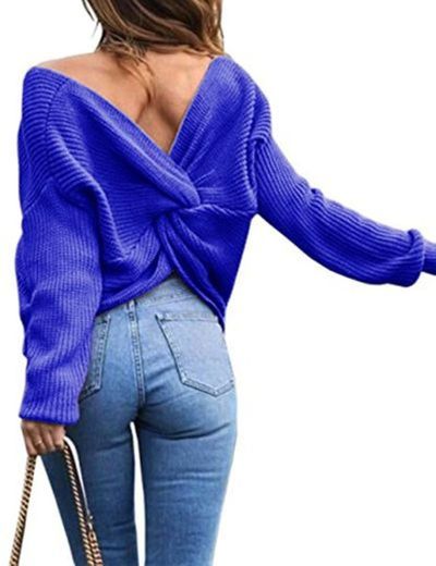 EMMA Suéter de cuello V de las mujeres Suéteres de espalda flojos