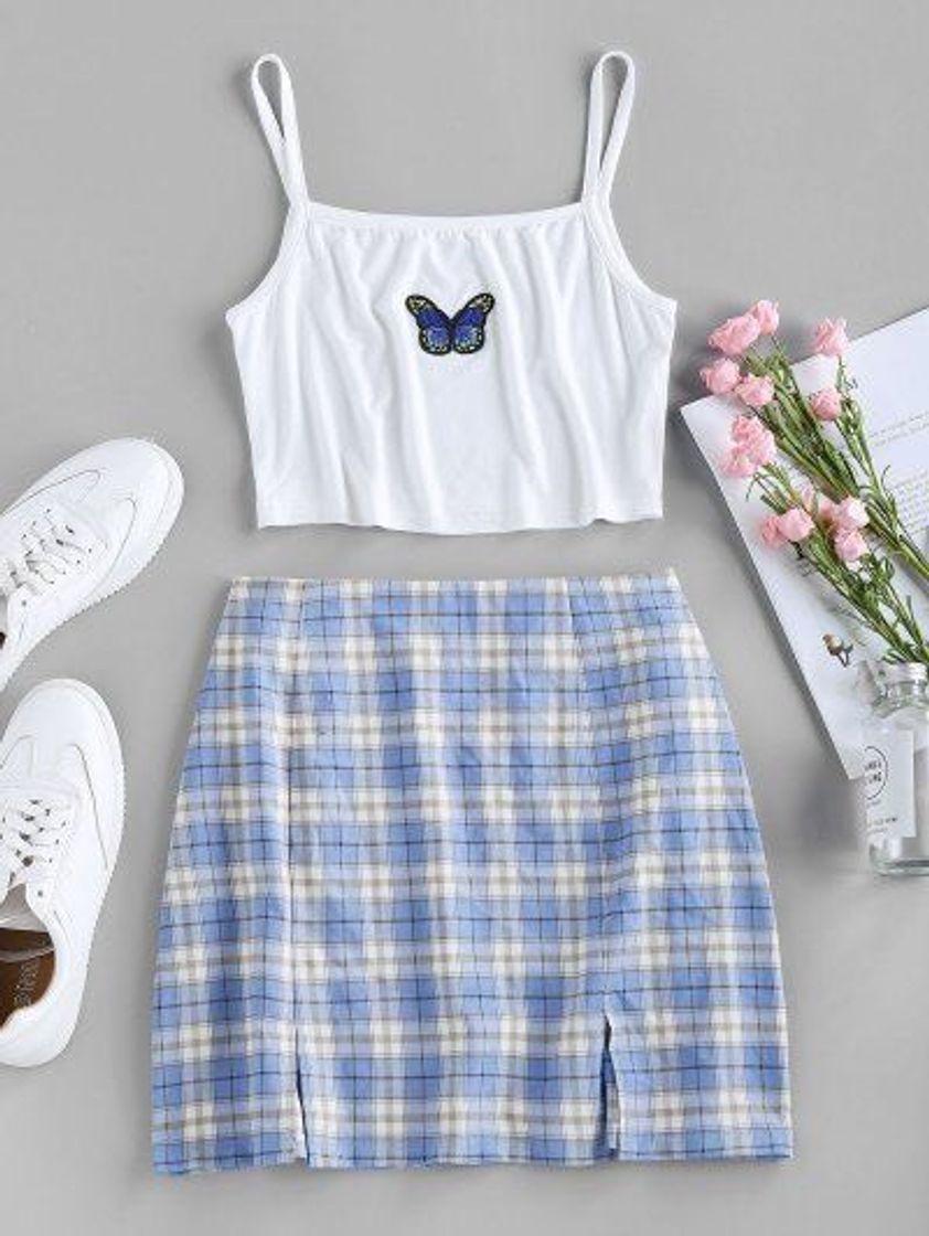 Fashion Conjunto Cami com bordado de mariposa 