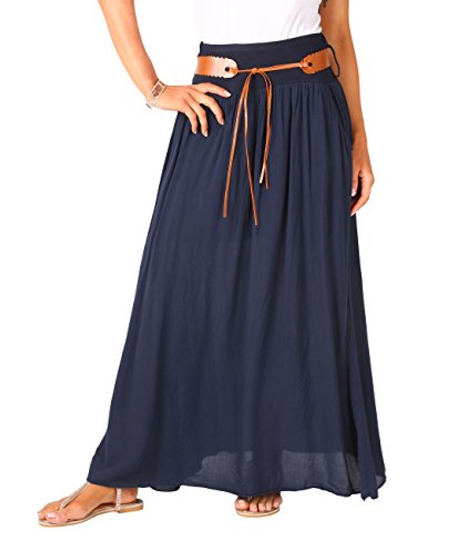 Fashion KRISP 4809-NVY-SM, Falda Larga Bohemia Elegante Plisada Hippie Cintura Elástica, Azul Marino