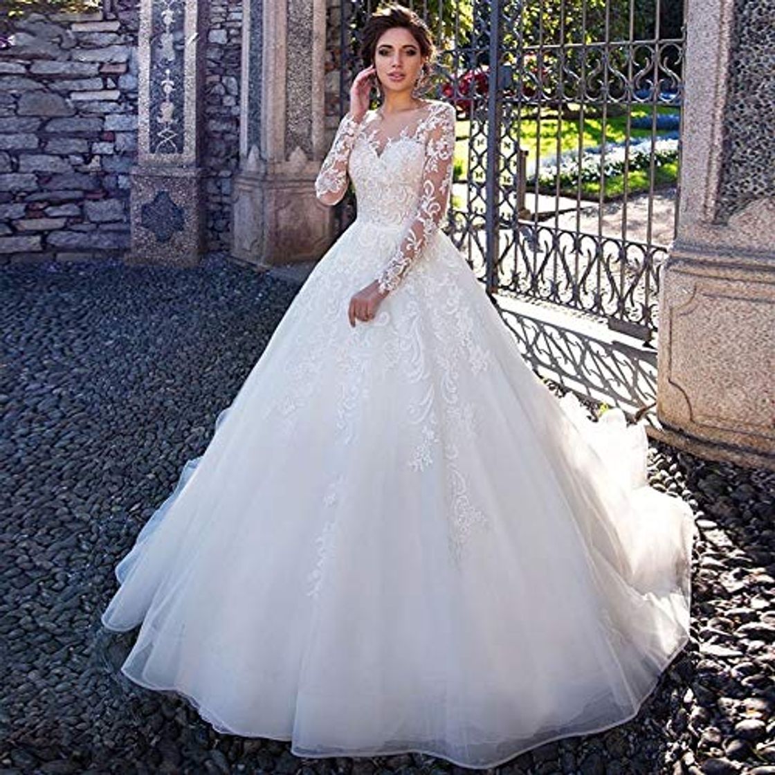 Fashion WANGMEILING Vestido de novia blanco Precioso Apliques completas manga una línea de vestidos de novia 2020 Botón camiseta cuello tribunal tren vestido de novia de la princesa del tamaño extra grande