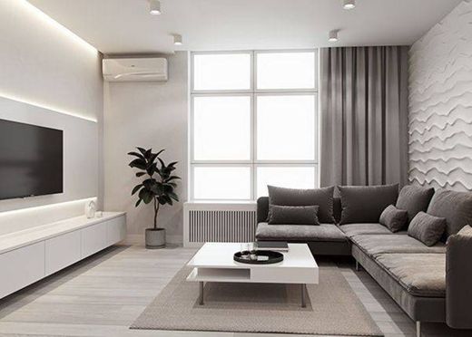 Sala de estar branca com tons de cinza e design minimalista