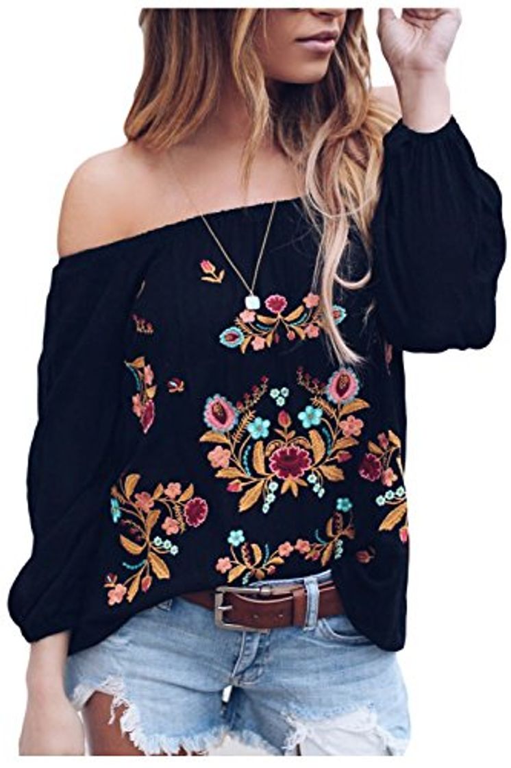 Products Suvimuga Mujeres Vintage Camisas Bordadas del Hombro Baggy Boho Blusa Tops Black XL