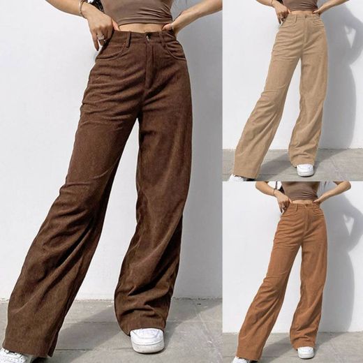 Women’s Solid Mid Waisted Wide Leg Pants Straight Casual Bag