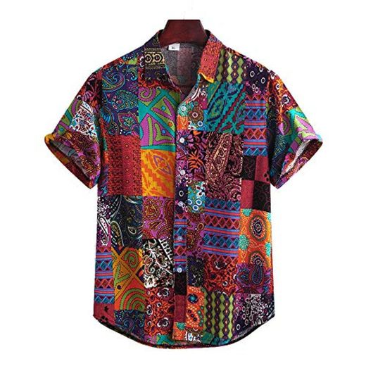 Camisa Vintage para Hombres Manga Corta Camisa Hawaiana Aloha de Vacaciones Camiseta Foral