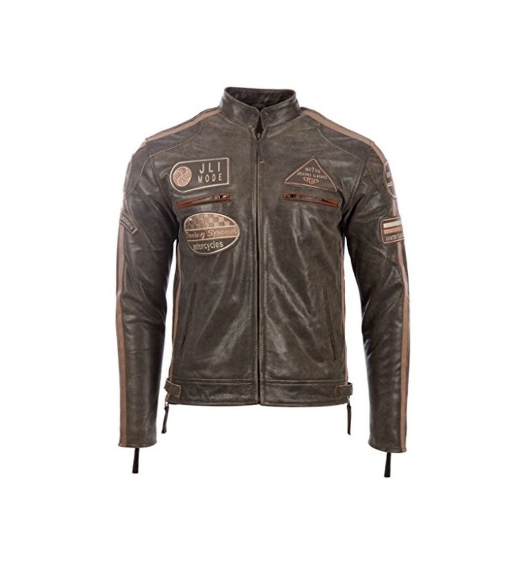 Product Aviatrix Chaqueta Biker De Cuero Autentico para Hombre con Cuello De Banda