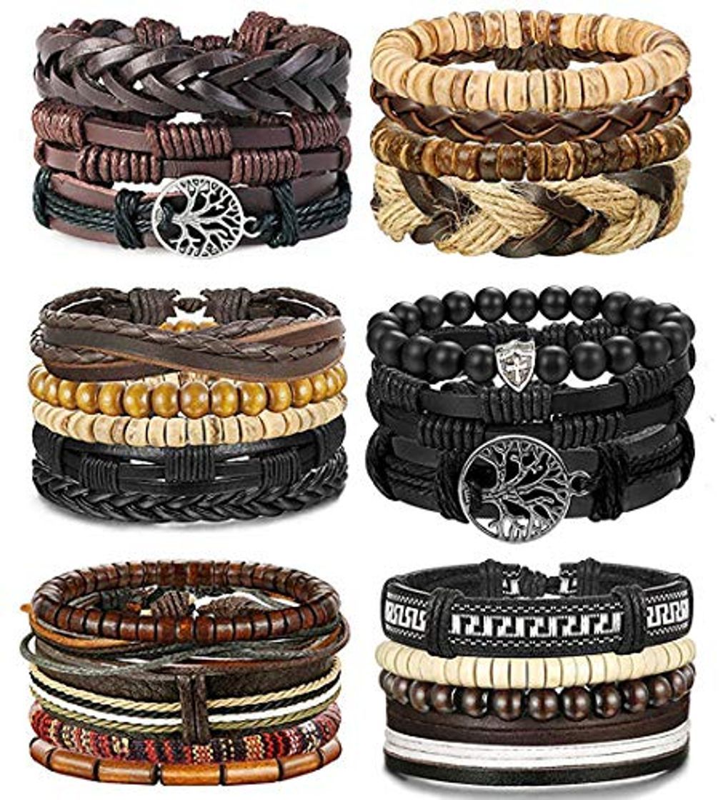 Social Besteel 24 Piezas Cuero Pulseras Árbol de la Vida para Hombre Mujer Trenzado Pulsera Cuentas de Madera Cuerda Brazalet Vintage Pulsera Ajustable