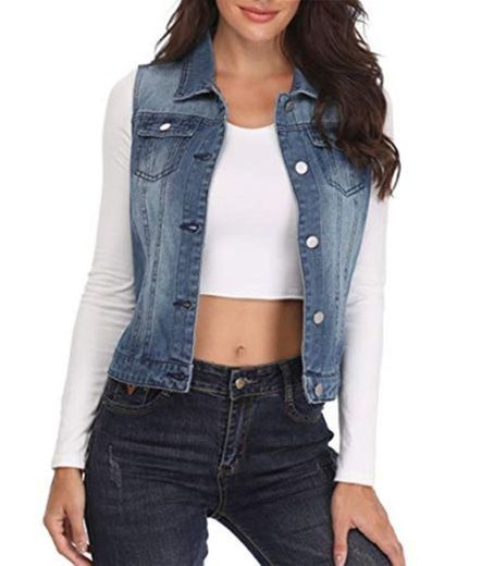 MISS MOLY Chaleco de Mezclilla para Mujer Chaqueta Jean Azul con Solapa