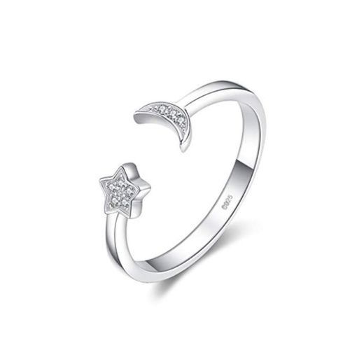 JewelryPalace Luna Estrella CZ Pave Zirconia cúbica Anillo abierto ajustable Plata de