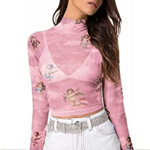 Loalirando Crop-Top Transparente Mujer Sexy de Manga Larga con ángeles Impresos Top