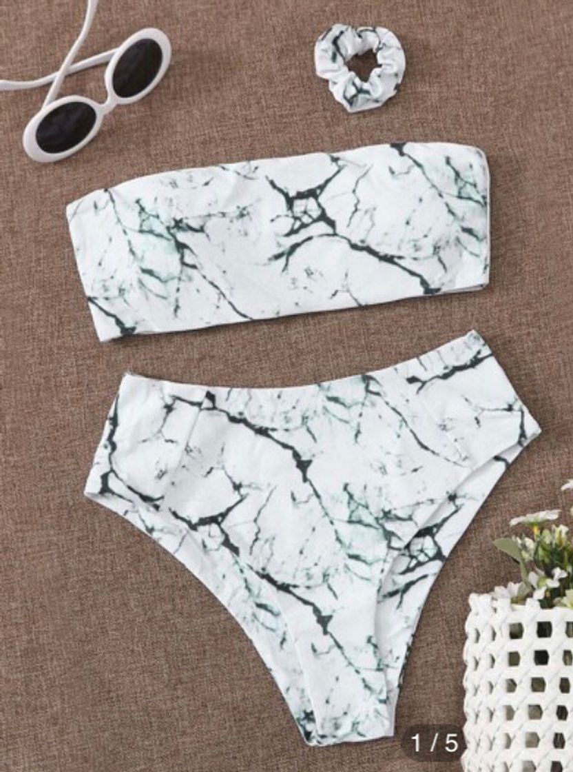 Moda Marble Pattern Bandeau Bikini Swimsuit & Scrunchie | SHEIN USA