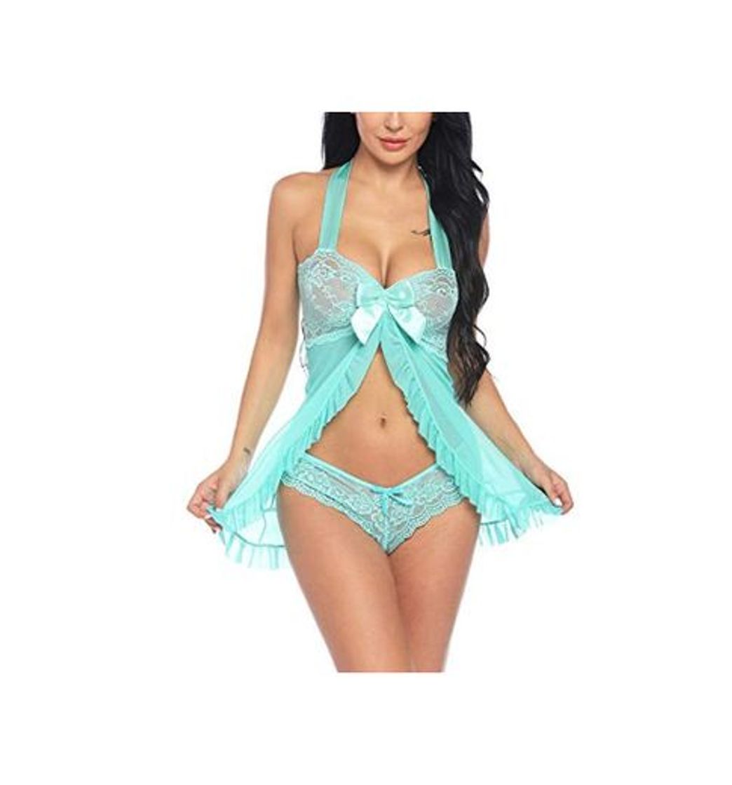 Social Sykooria Encaje Lencería Conjunto Mujer Ropa de Dormir Camisón Suave Frente Abierto Camisón Mini Vestido con Cuello Halter
