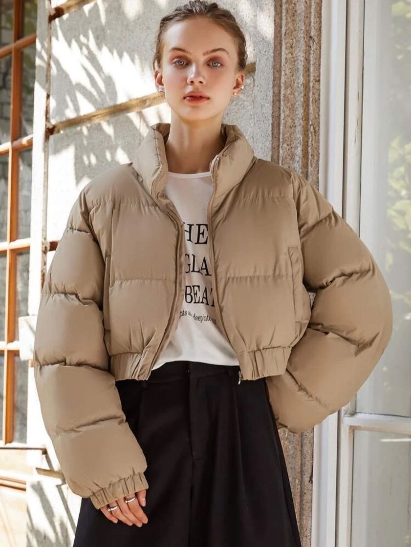 Fashion SHEIN COLDBREAK Zipper Up Elastic Hem Crop Puffer Coat ...