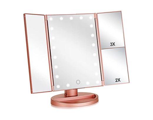 Espejo de maquillaje triple con luz iluminado con 3 aumentos