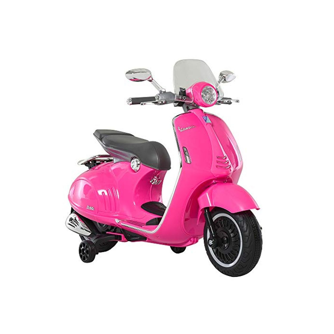 Social HOMCOM Moto Eléctrica Vespa Faros Música 2 Ruedas Auxiliares para Niños Mayores de 3 Años Motocicleta Infantil Autorizada 108x49x75 cm Rosa