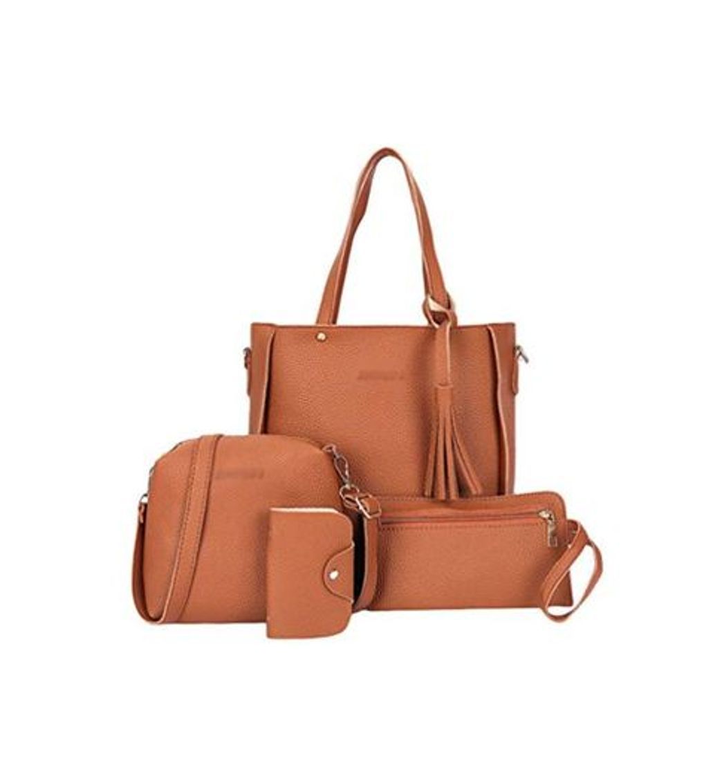 Social Baijiaye Bolsos de Cuero PU 4 Piezas Set Mujer Bolso de Mano Cruzada Bolsa de Hombro Damas Carteras de Mano Bolsa Titular de la Tarjeta Marrón