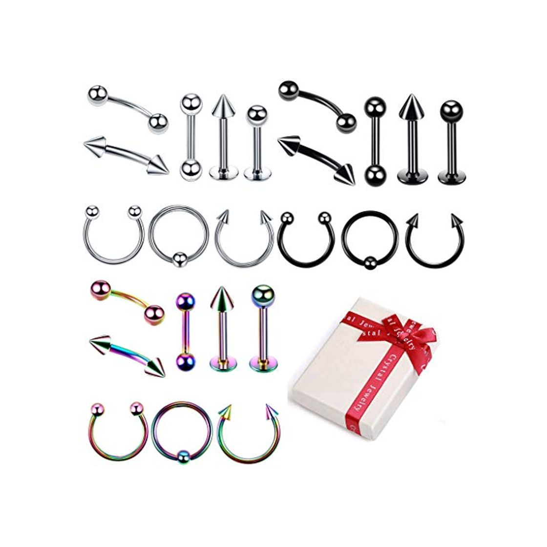 Social Crazy-M Juego de Piercing de 3 Colores 24 Piezas Cuerpo de Acero