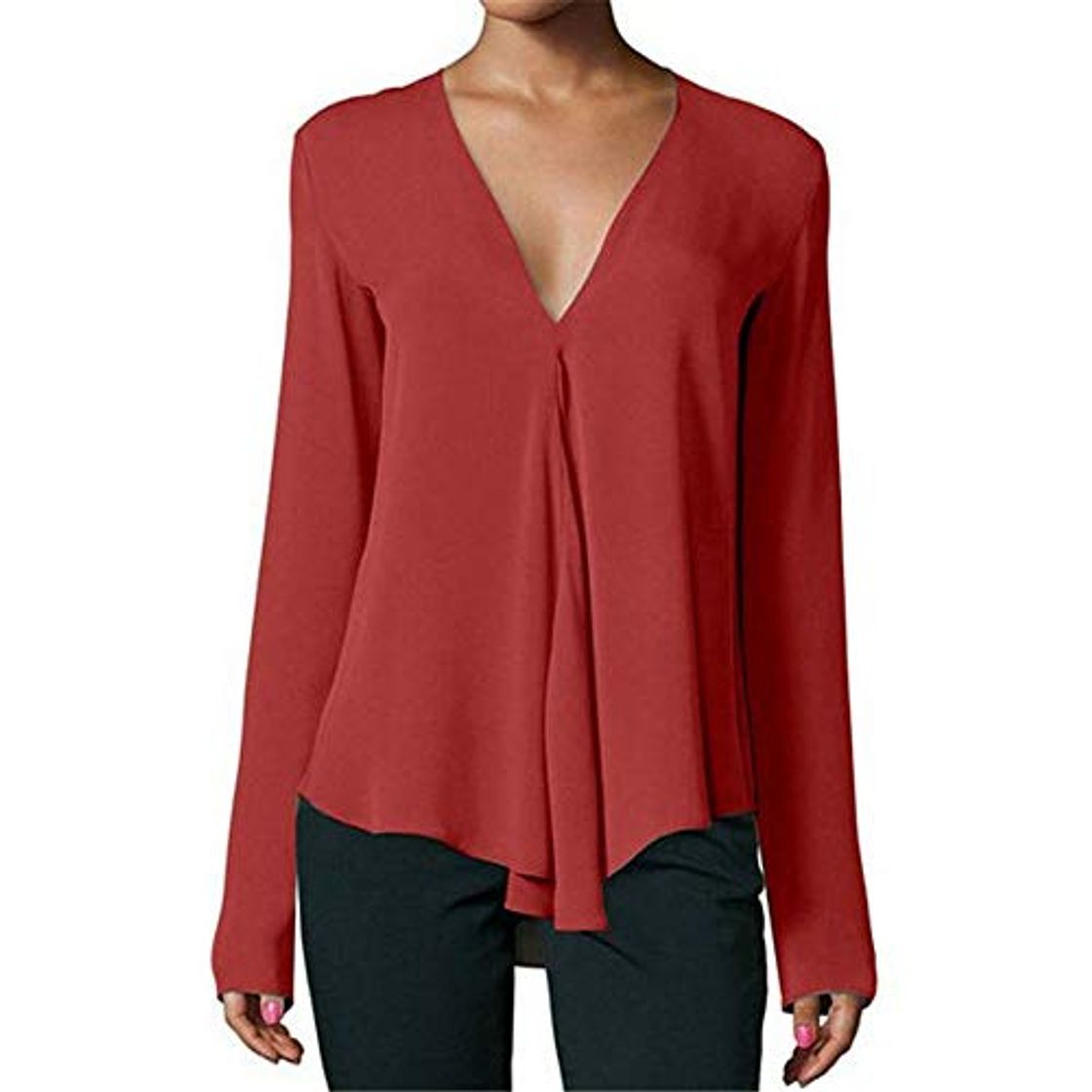 Social Primavera Otoño Mujeres Camisa de Gasa Blusa de Manga Larga Cuello en V Sexy Tops de Color sólido Camisas de señora de Oficina