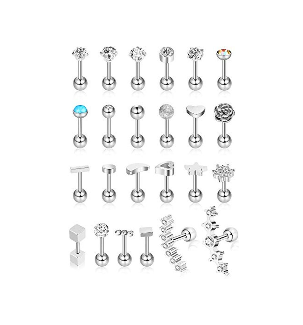 Fashion 24 piezas 16G Pendientes de botón de acero inoxidable Pendiente de oreja de joyería Conjunto de aretes de cartílago para mujeres niñas Favors