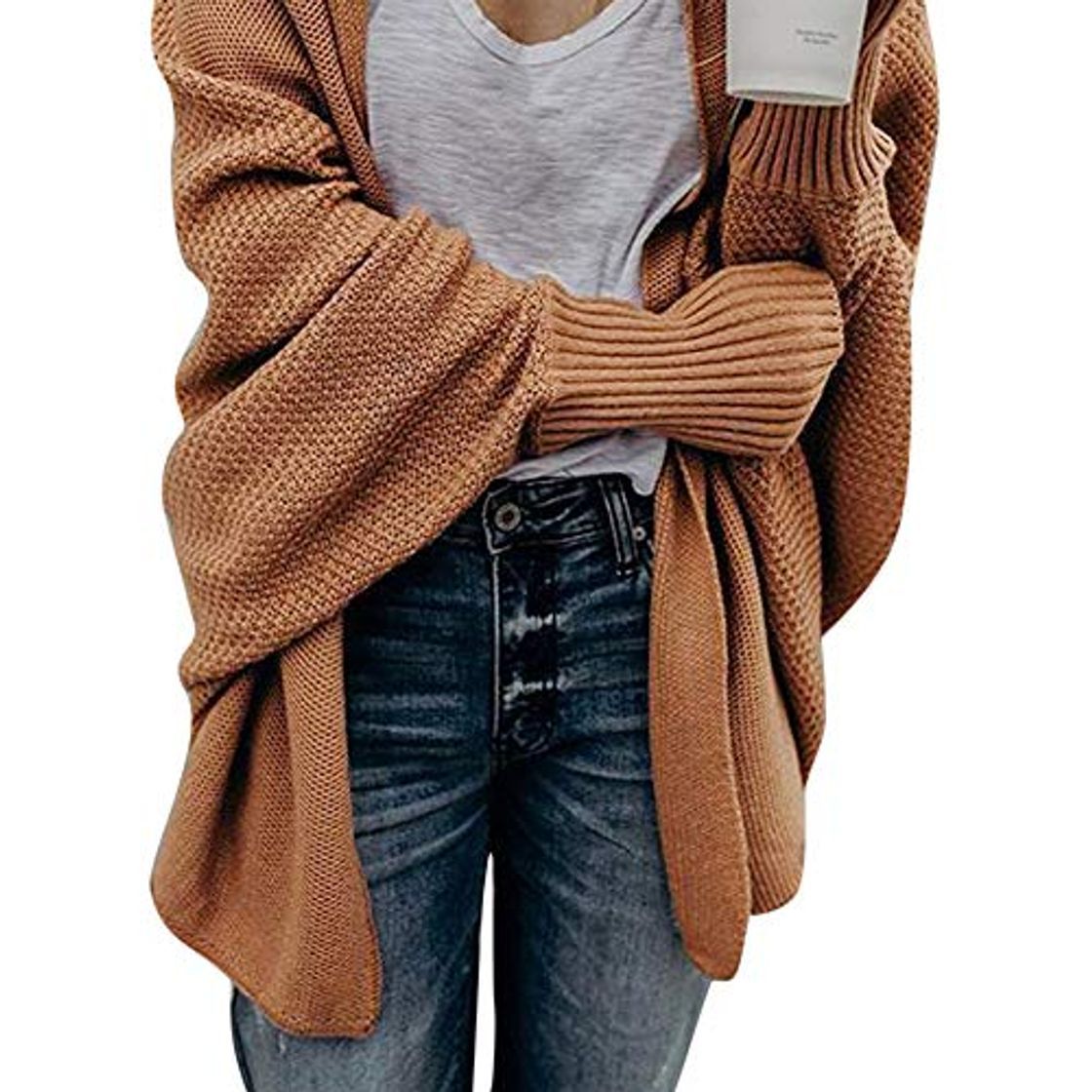 Fashion VJGOAL Otoño e Invierno para Mujer Casual Bat Manga Tejida Chaqueta de Punto Cardigan Jecket suéter de Manga Larga Suelta（Un tamaño，Caqui）