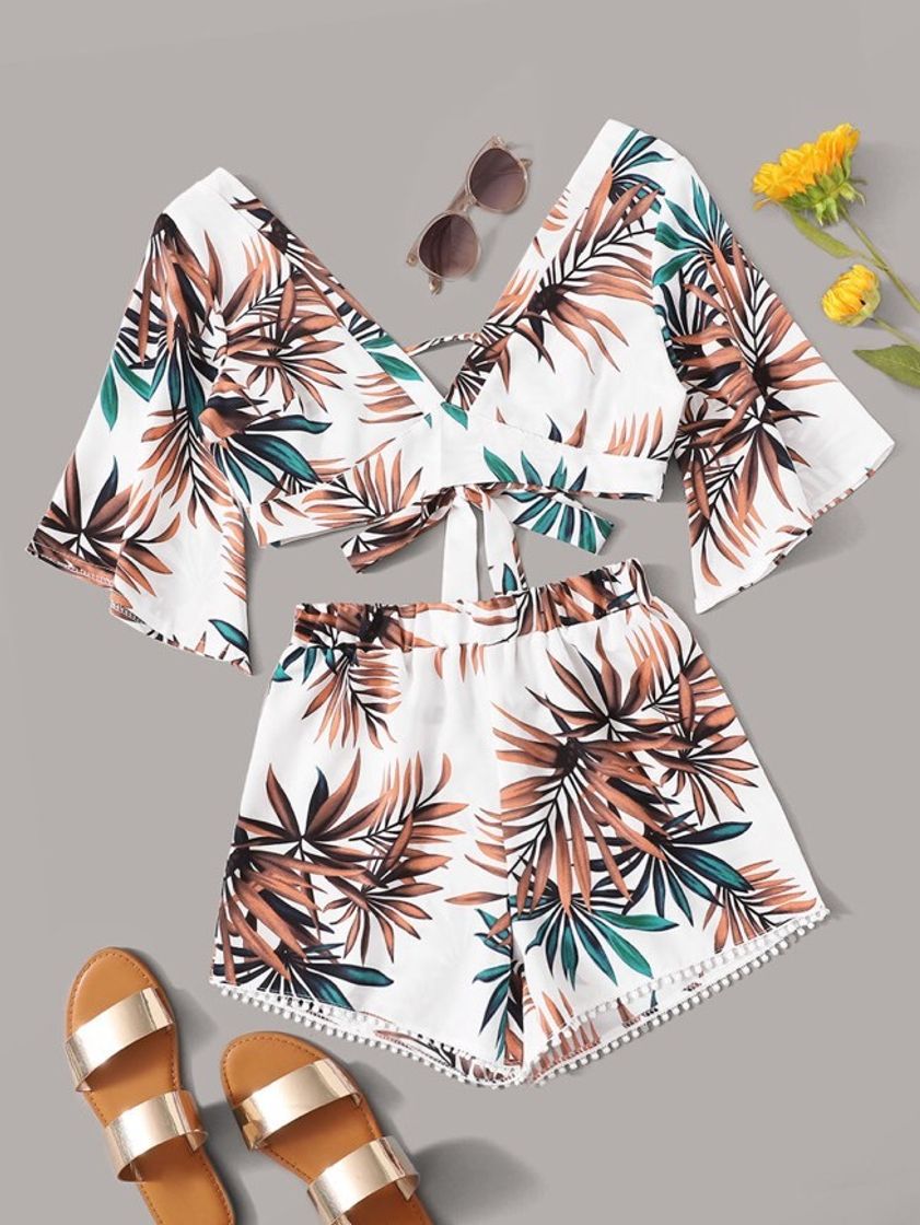 Social Tropical Tie Back Top & Pompom Trim Shorts