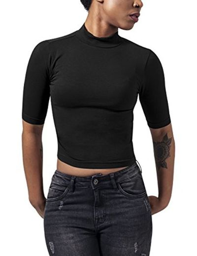 Urban Classics Ladies Cropped Turtleneck tee Camiseta, Negro