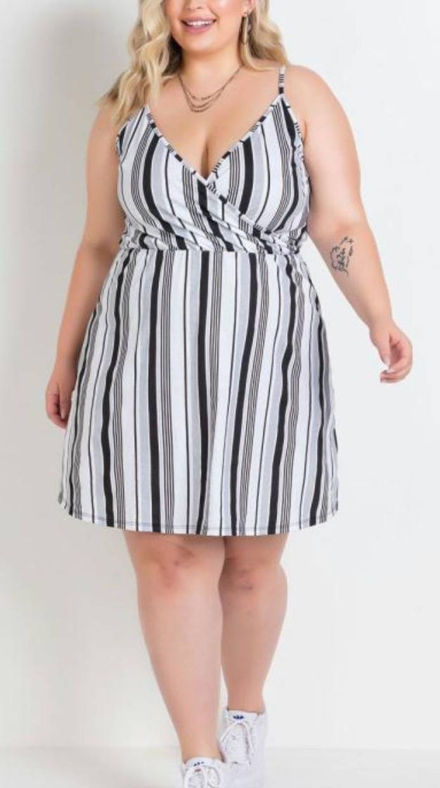 Fashion Vestido de Alças Transpassado Listrado Plus Size