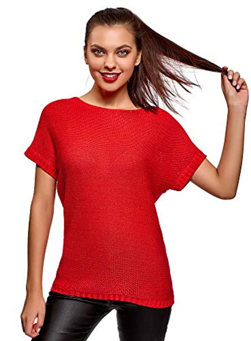 Moda oodji Ultra Mujer Jersey Básico de Manga Corta, Rojo, ES 44